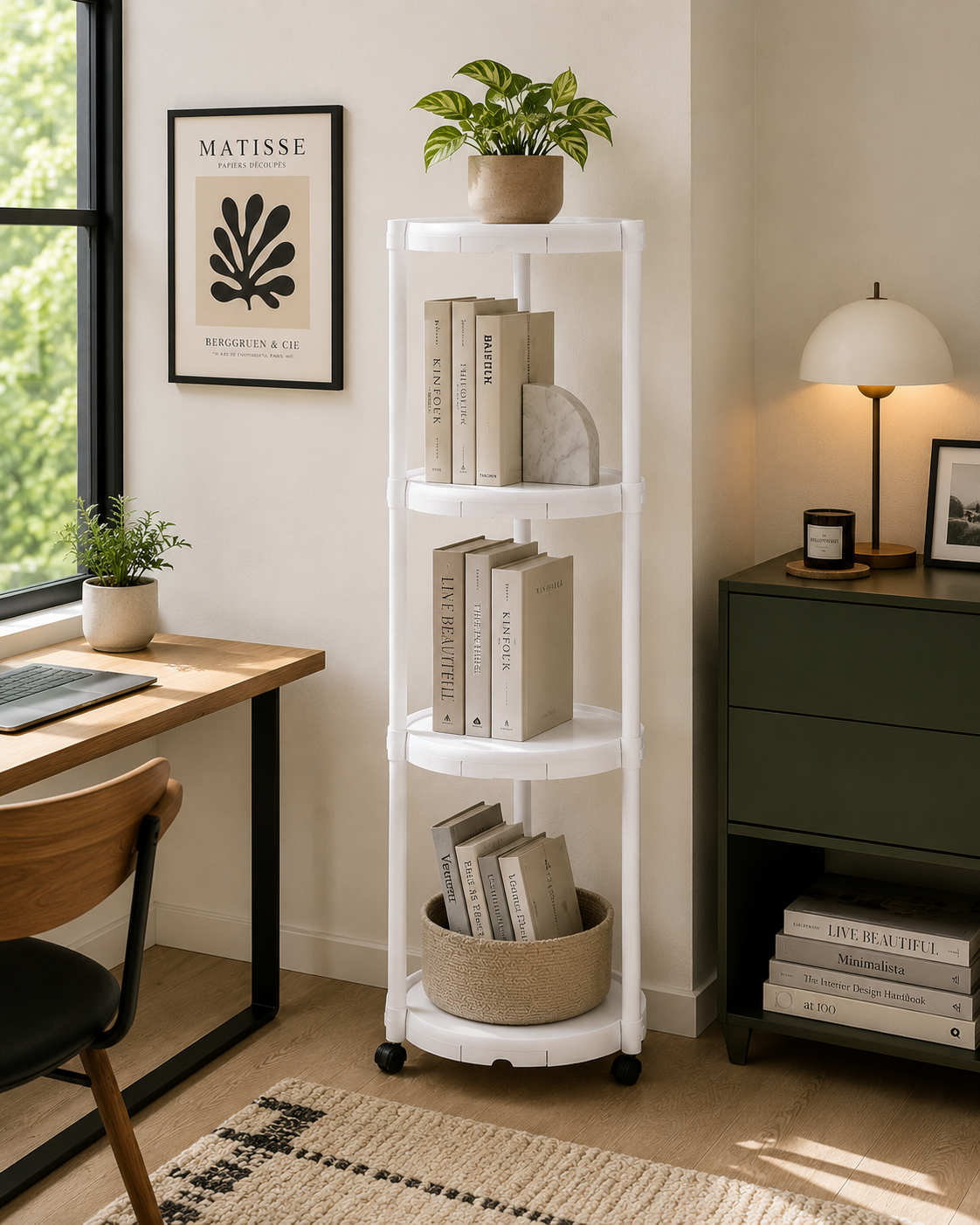 Suport multifunctional pentru flori si plante, cu 4 niveluri si roti, metalic, interior si exterior, alb