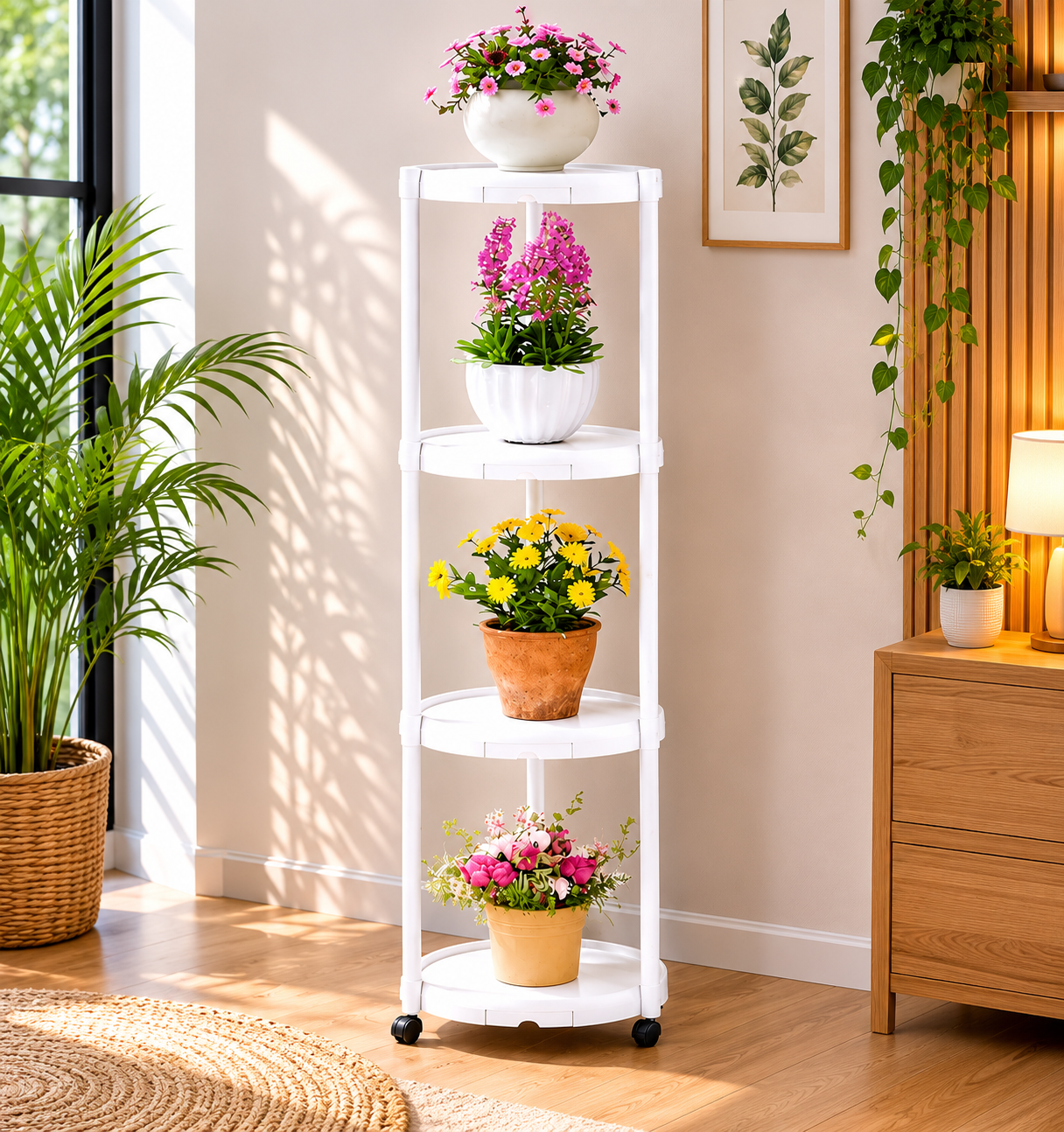 Suport multifunctional pentru flori si plante, cu 4 niveluri si roti, metalic, interior si exterior, alb