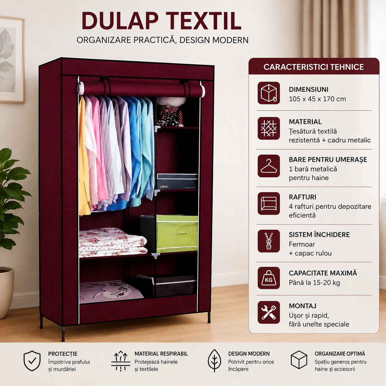 Dulap textil pentru haine, cu 4 rafturi și bară umerașe, dimensiuni 105x45x170 cm, impermeabil, visiniu