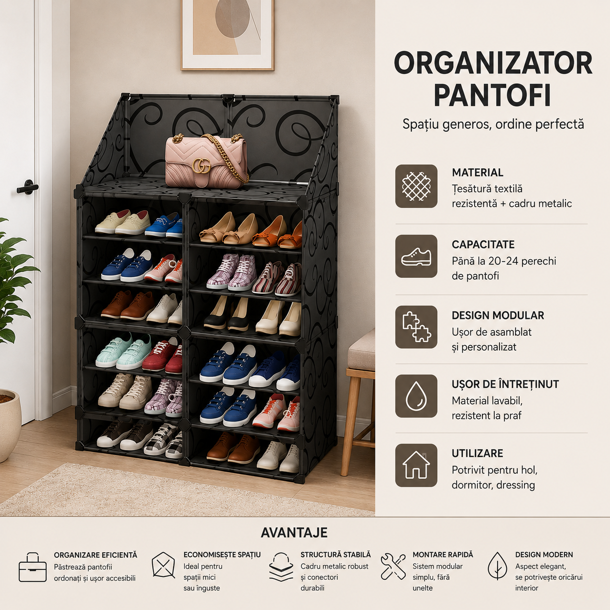 Dulap modular pentru pantofi cu usi transparente, impermeabil, organizator spatios, design modern si economisire spatiu, negru
