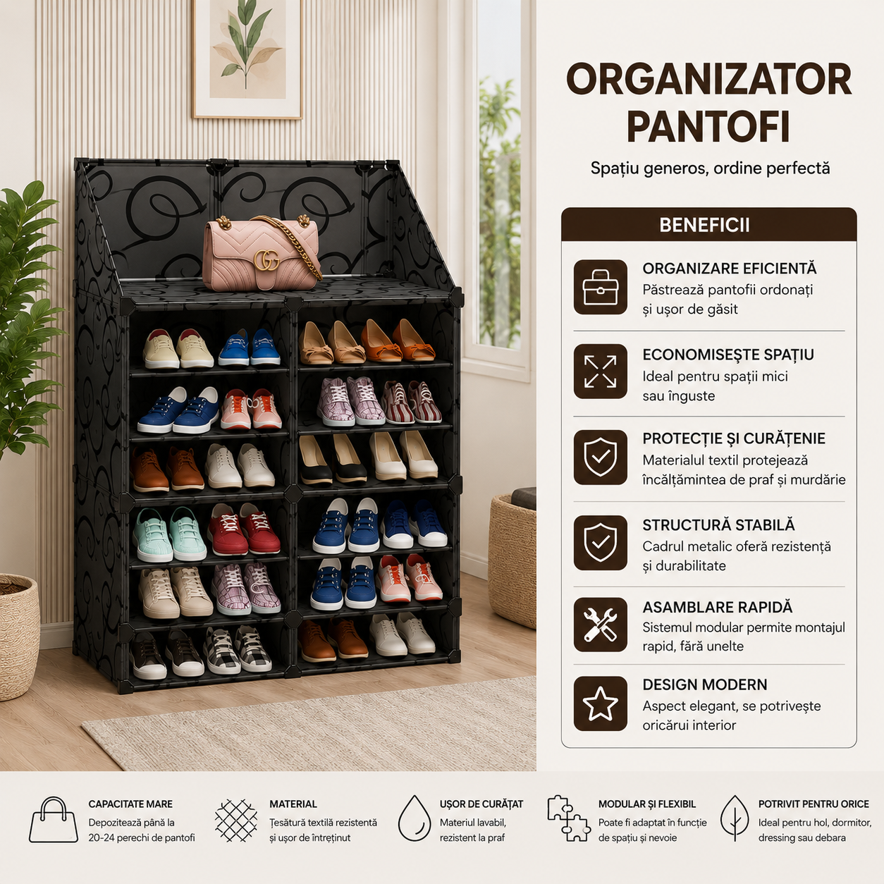 Dulap modular pentru pantofi cu usi transparente, impermeabil, organizator spatios, design modern si economisire spatiu, negru