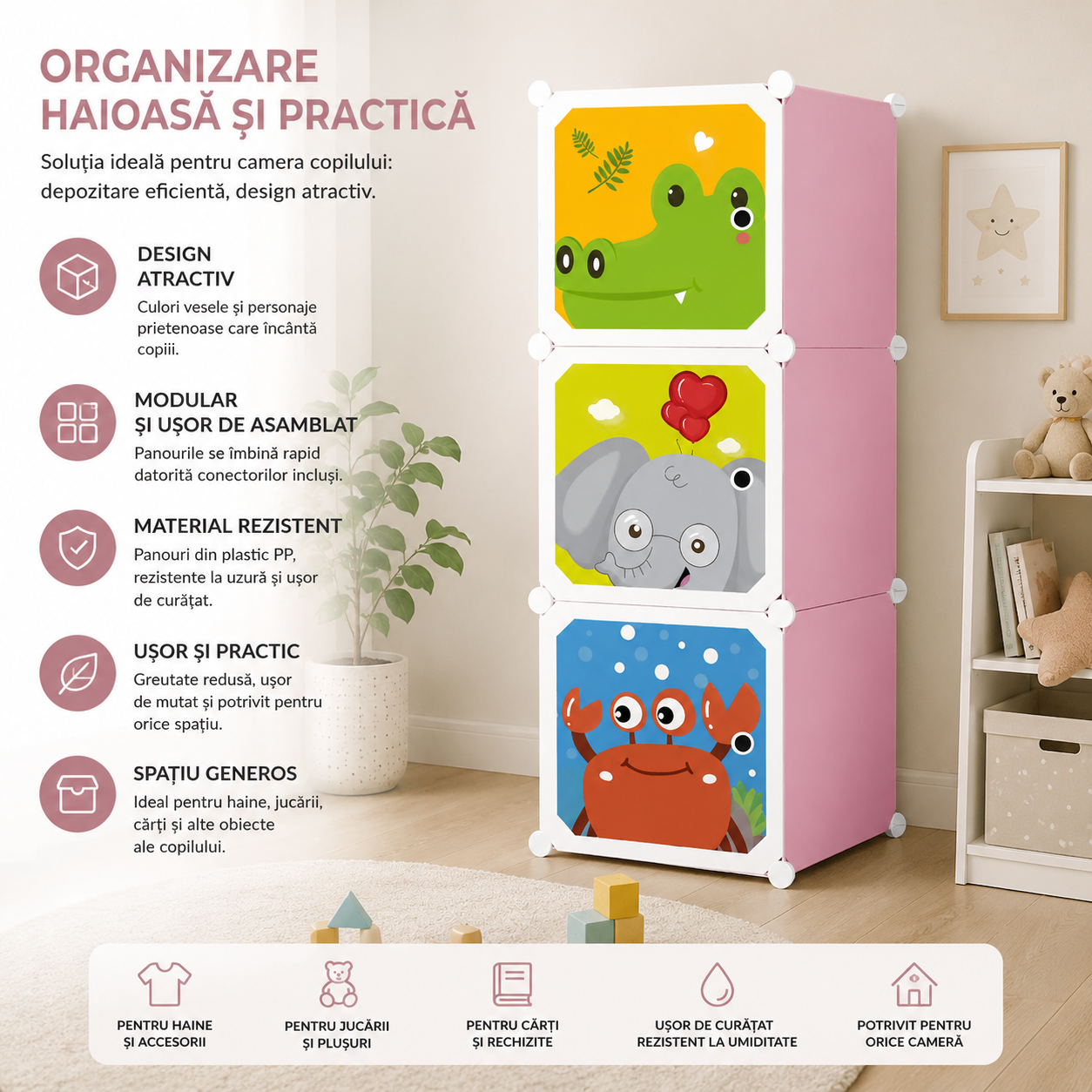 Dulap modular, pentru camera copiilor, din polipropilena, cu 3 compartimente, schelet metalic, multicolor