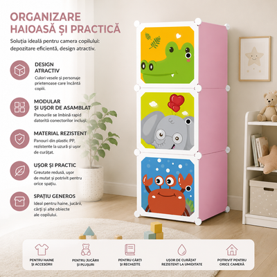 Dulap modular, pentru camera copiilor, din polipropilena, cu 3 compartimente, schelet metalic, multicolor