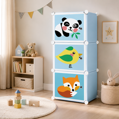 Dulap modular pentru copii, cu 3 compartimente, design animale, panda, pasare, vulpe, organizator jucarii și haine, multicolor