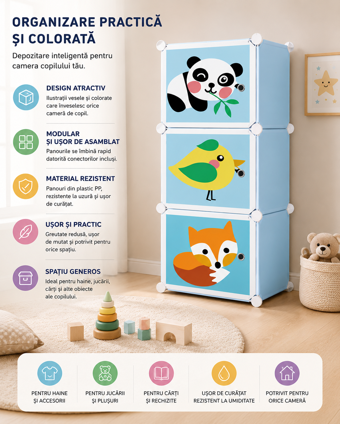 Dulap modular pentru copii, cu 3 compartimente, design animale, panda, pasare, vulpe, organizator jucarii și haine, multicolor