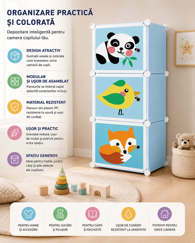 Dulap modular pentru copii, cu 3 compartimente, design animale, panda, pasare, vulpe, organizator jucarii și haine, multicolor
