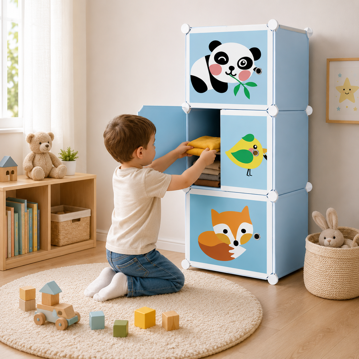 Dulap modular pentru copii, cu 3 compartimente, design animale, panda, pasare, vulpe, organizator jucarii și haine, multicolor