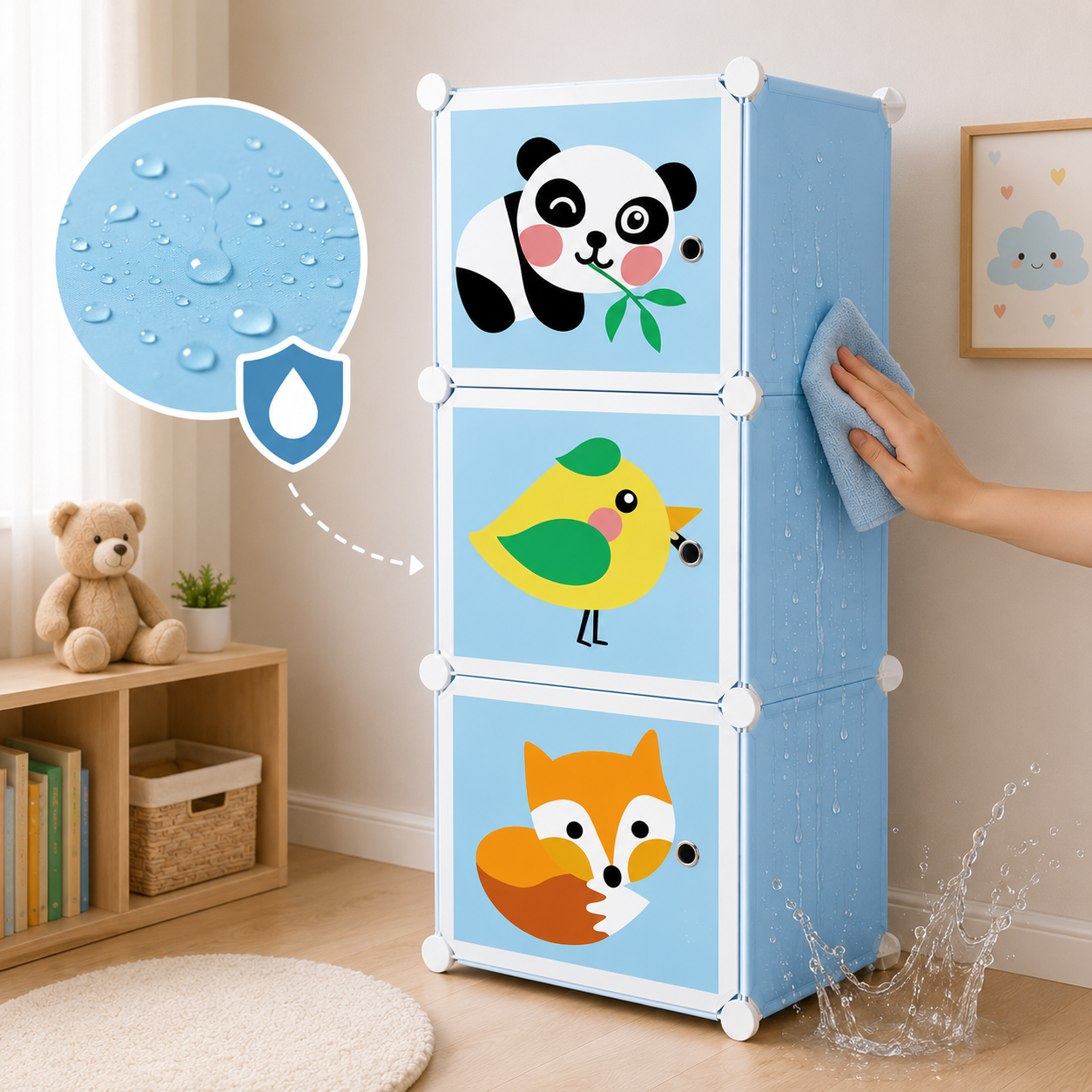 Dulap modular pentru copii, cu 3 compartimente, design animale, panda, pasare, vulpe, organizator jucarii și haine, multicolor