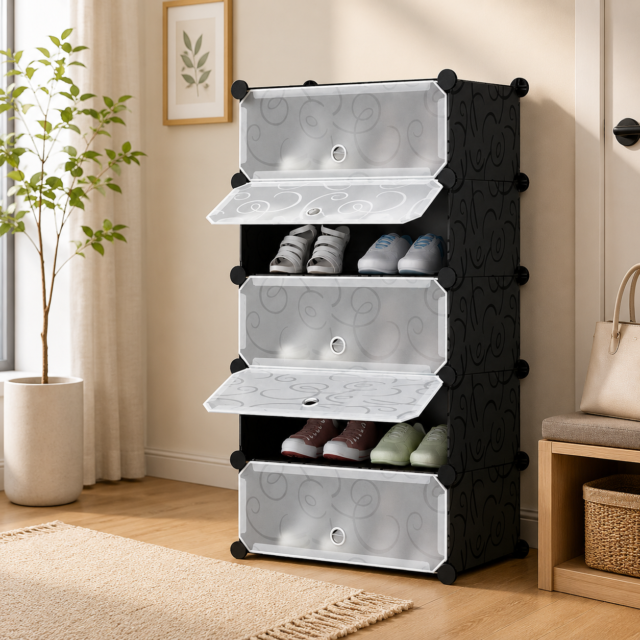 Pantofar modular, cu 5 usi, din plastic, dimensiuni 37x47x90cm, din plastic dur, negru