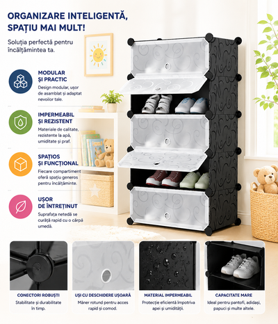 Pantofar modular, cu 5 usi, din plastic, dimensiuni 37x47x90cm, din plastic dur, negru