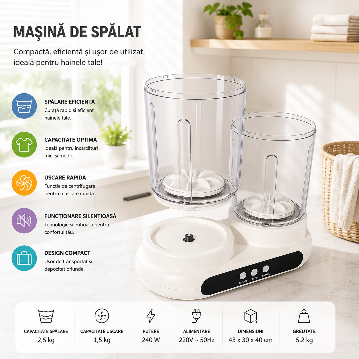 Mini masina de spalat portabila, cu dublu tambur, capacitate 3L (2x1.5L), complet automata, pentru lenjerie si sosete, afisaj LED, compacta, alb/transparent