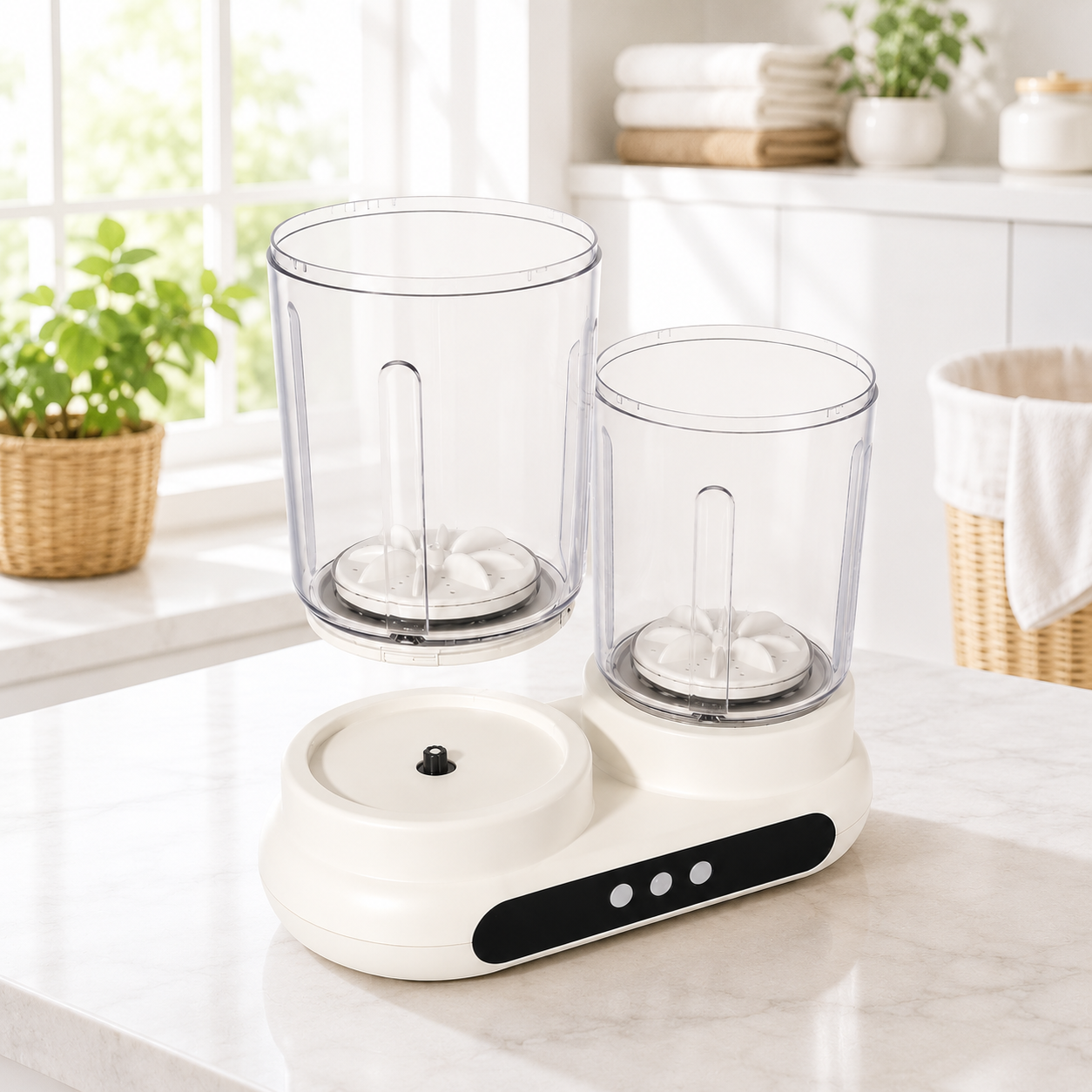 Mini masina de spalat portabila, cu dublu tambur, capacitate 3L (2x1.5L), complet automata, pentru lenjerie si sosete, afisaj LED, compacta, alb/transparent