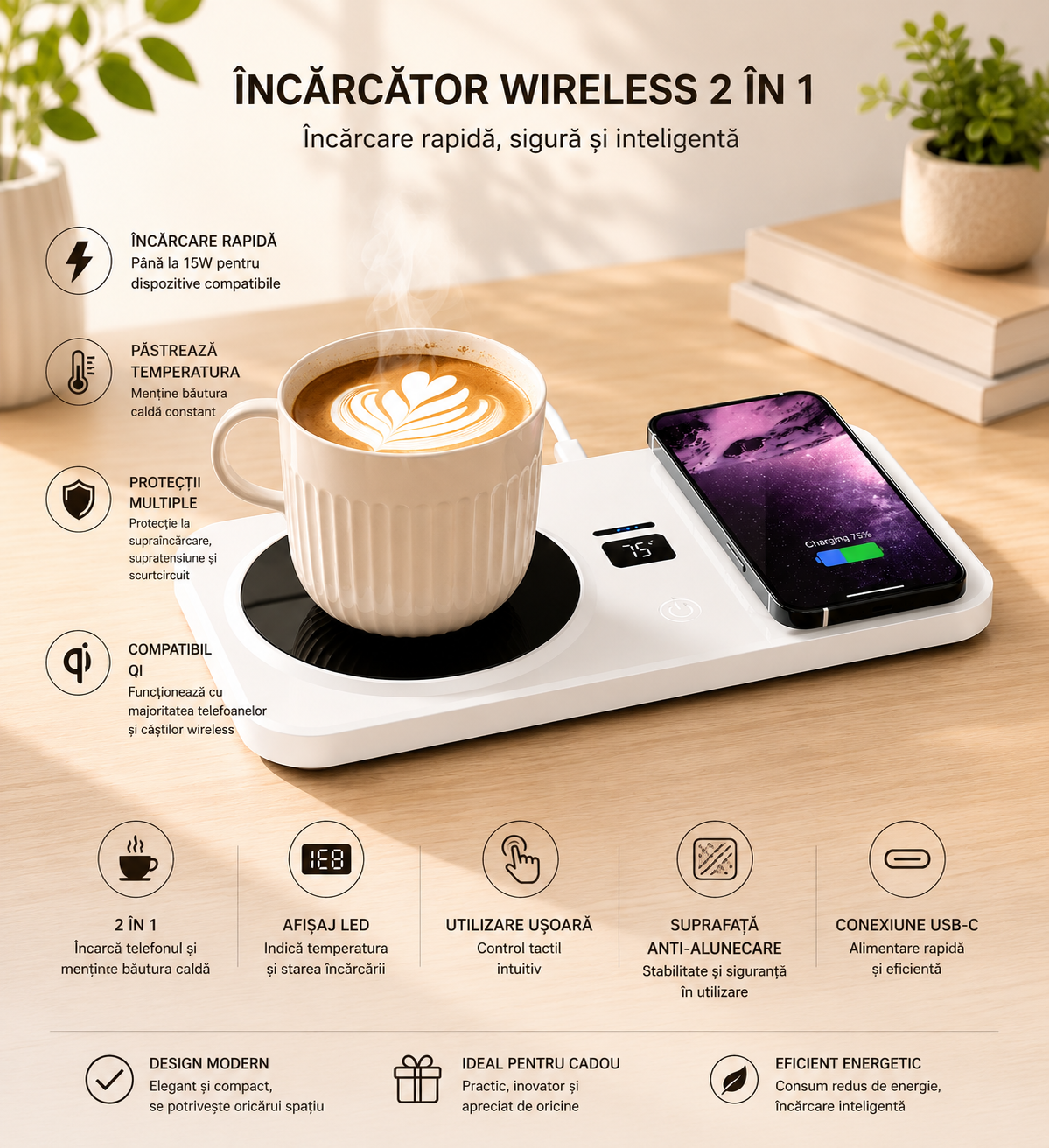 Suport de cana cu incalzire electrica si incarcare Wireless, control de temperatura, Smart, gestionare optimizata a energiei, alb