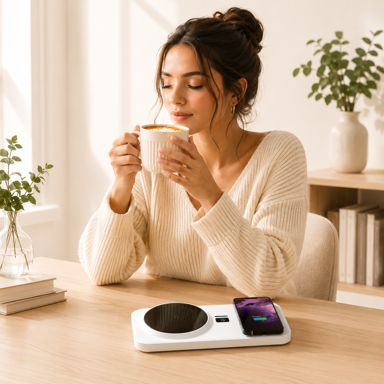 Suport de cana cu incalzire electrica si incarcare Wireless, control de temperatura, Smart, gestionare optimizata a energiei, alb