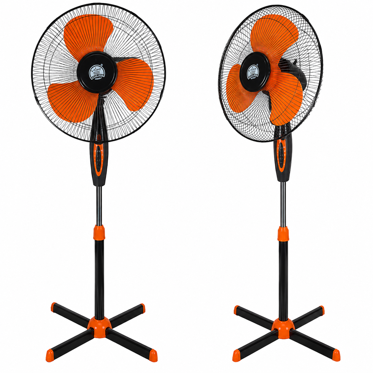 Ventilator cu picior de 16 inch (40 cm), cu palete portocalii și bază în cruce, din metal si plastic, dimensiune reglabila, negru/portocaliu
