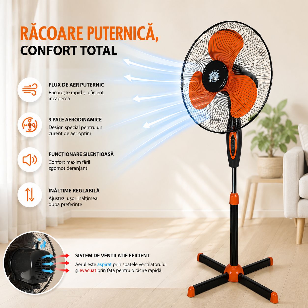 Ventilator cu picior de 16 inch (40 cm), cu palete portocalii și bază în cruce, din metal si plastic, dimensiune reglabila, negru/portocaliu