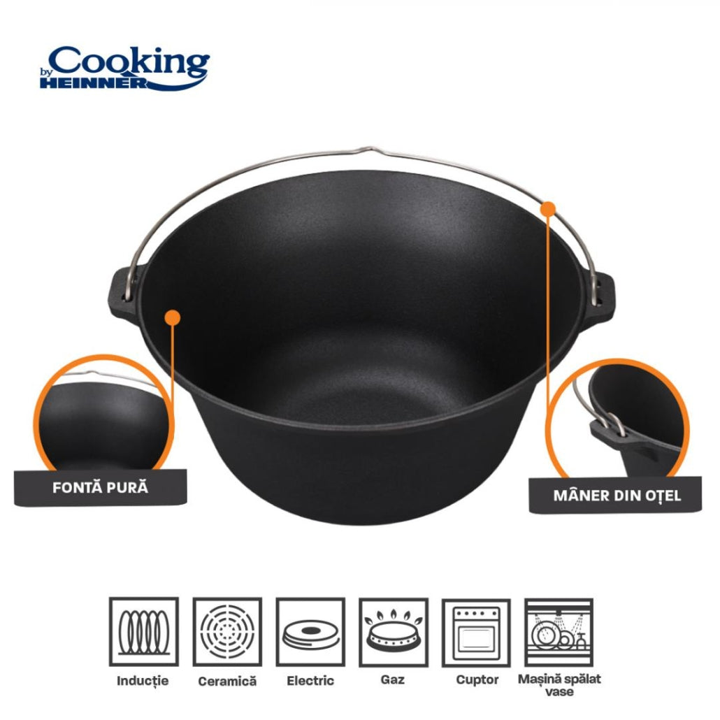 Ceaun fonta pura 30L, 54x23 cm, negru, pentru gatit in aer liber