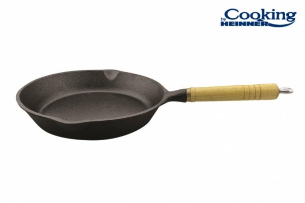 Tigaie fonta pura 23x4 cm cu maner lemn, culoare neagra