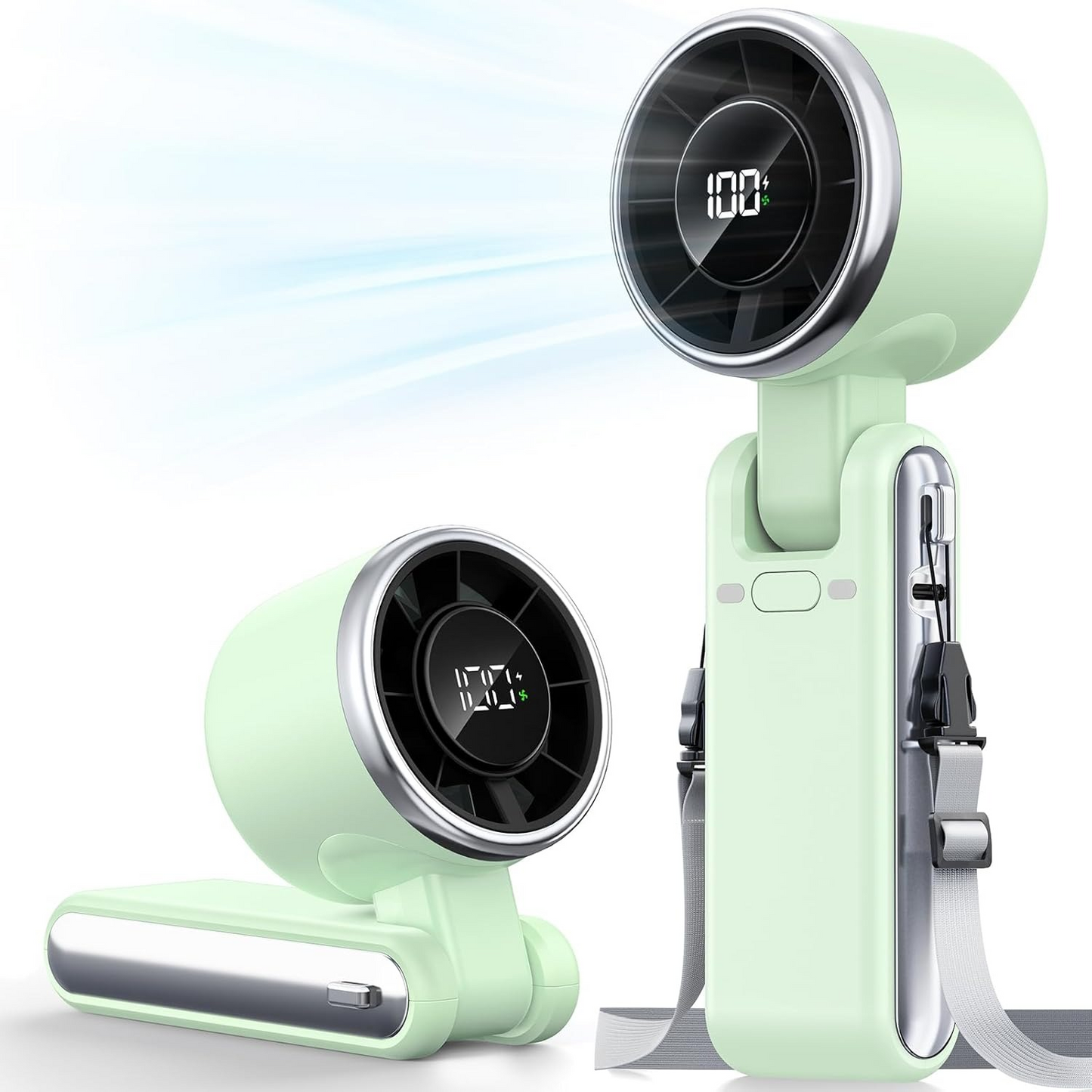 Ventilator portabil din plastic cu baterii USB, cu motor electric, pliabil, fără elici, cu 5 trepte de viteza, verde