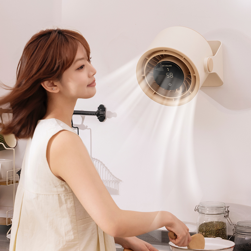 Ventilator de birou și de perete cu viteze reglabile, cu afișaj digital, lumină ambientală, 5 viteze, portabil, crem