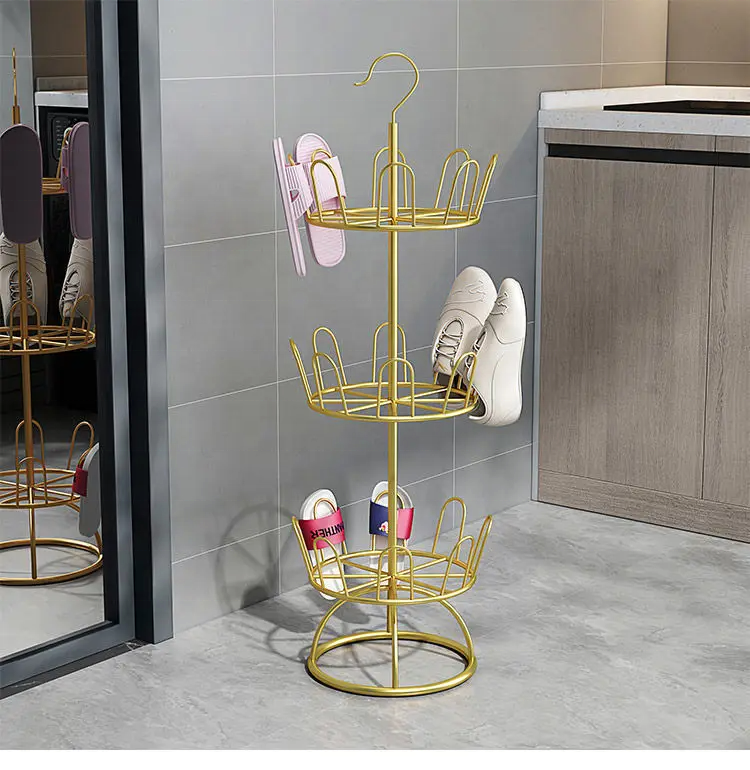 Suport pentru incaltaminte rotativ 360°, organizator din metal, 3 niveluri, robust, auriu