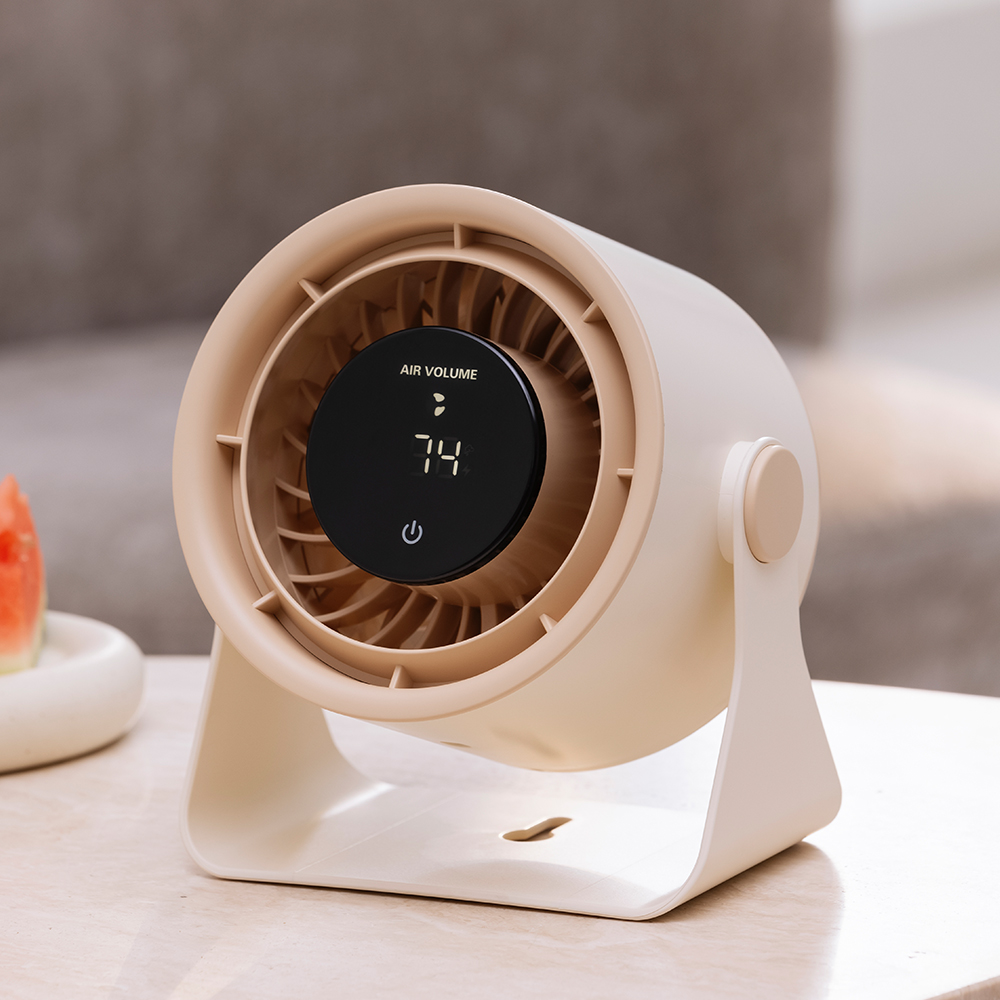 Ventilator de birou și de perete cu viteze reglabile, cu afișaj digital, lumină ambientală, 5 viteze, portabil, crem