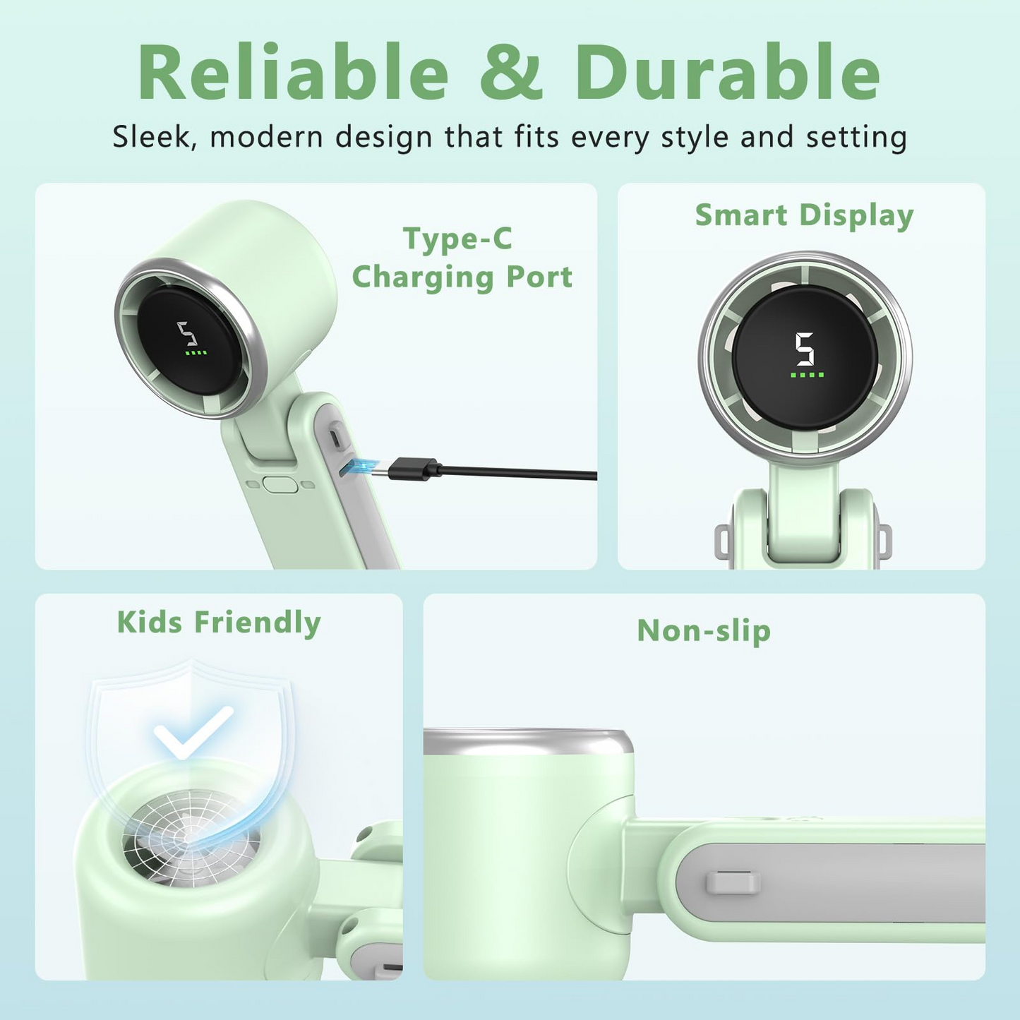 Ventilator portabil din plastic cu baterii USB, cu motor electric, pliabil, fără elici, cu 5 trepte de viteza, verde