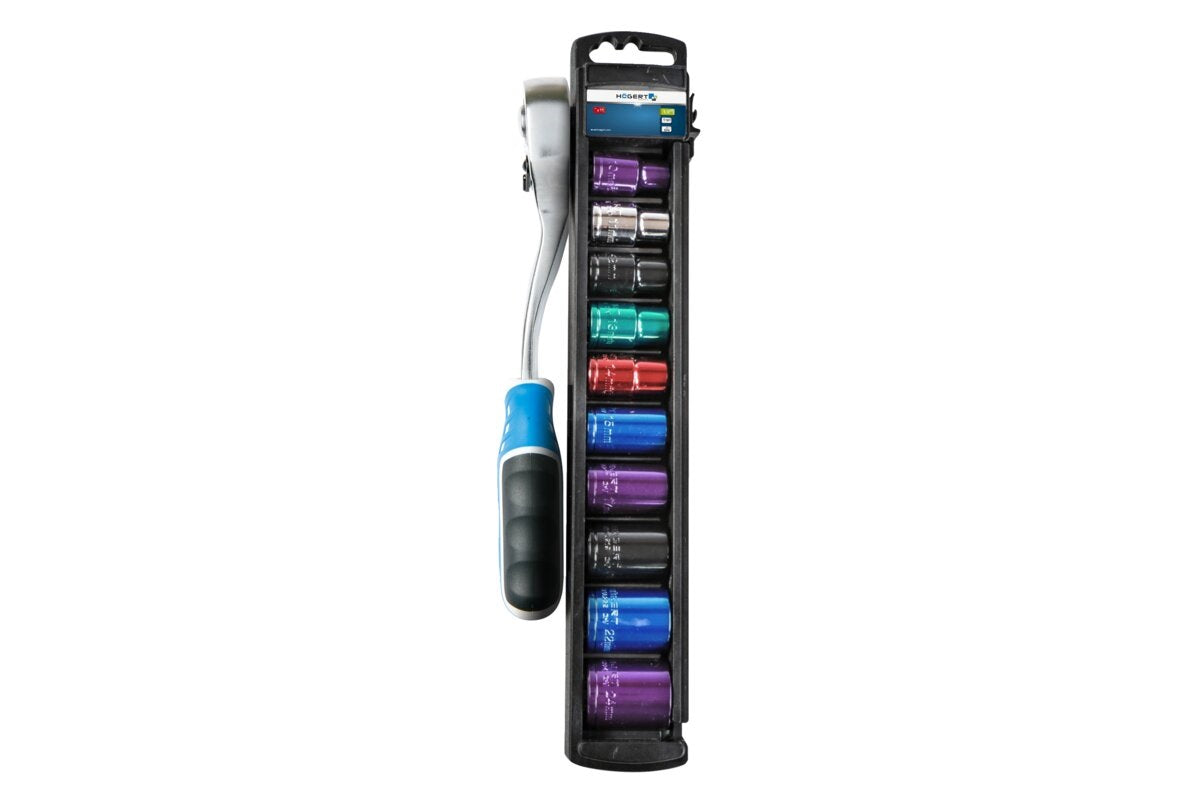 Set 11 chei tubulare clichet 1/2", otel CrV, 72T, codificate prin culori, 10-24 mm