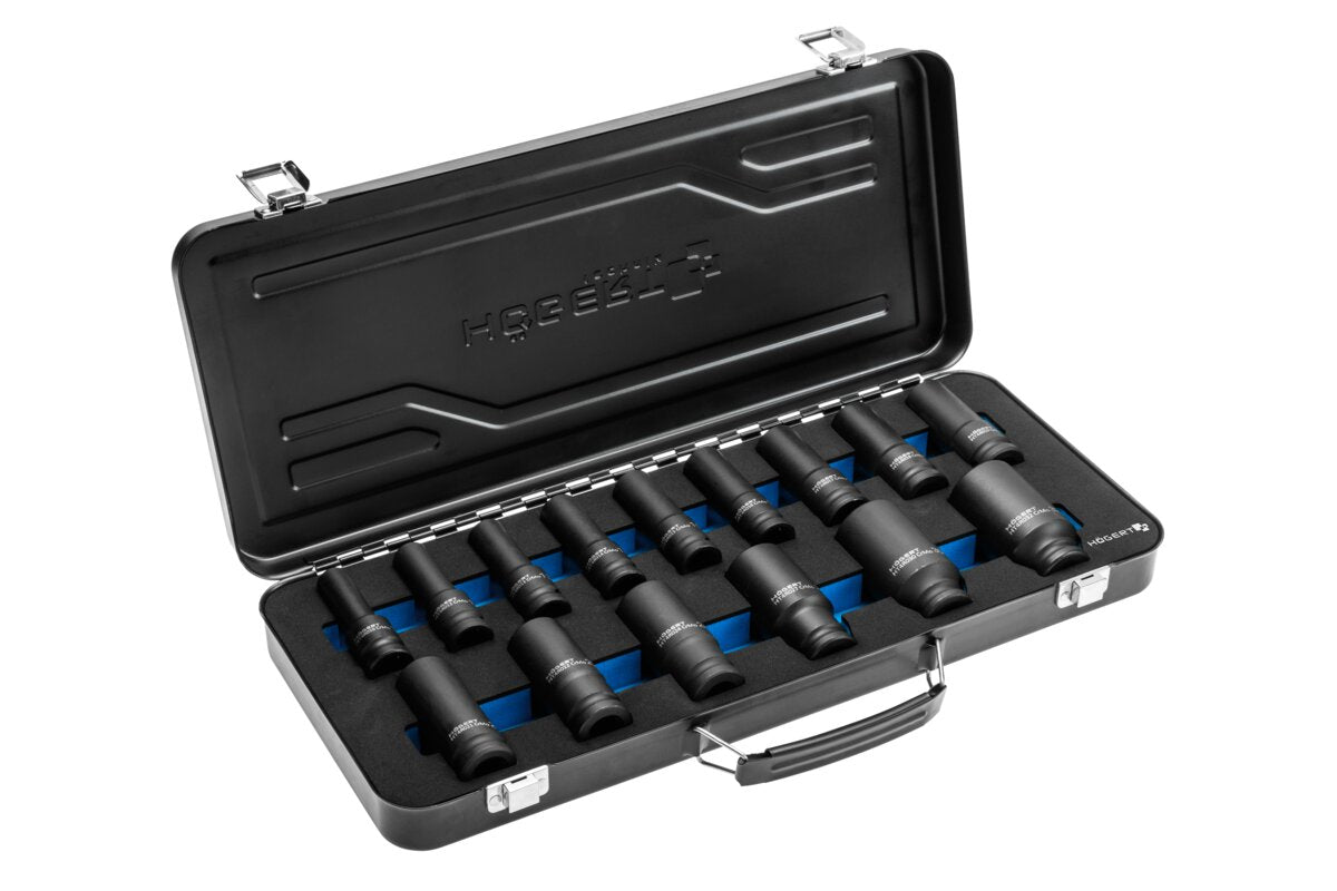 Set 15 chei tubulare de impact 1/2" din CrMo, diverse dimensiuni, cu cutie metalica