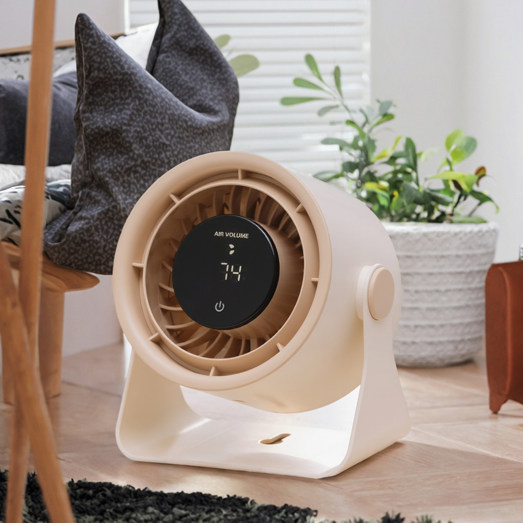 Ventilator de birou și de perete cu viteze reglabile, cu afișaj digital, lumină ambientală, 5 viteze, portabil, crem