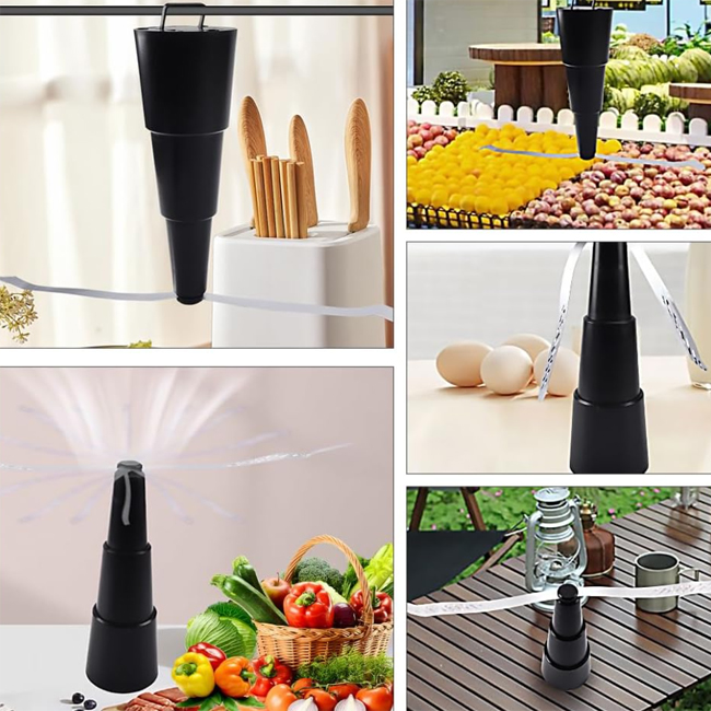 Ventilator anti muste si insecte, pentru masa, cu 3 niveluri de inaltime reglabila, functionare cu baterii, cu un design holografic reflectorizant, negru