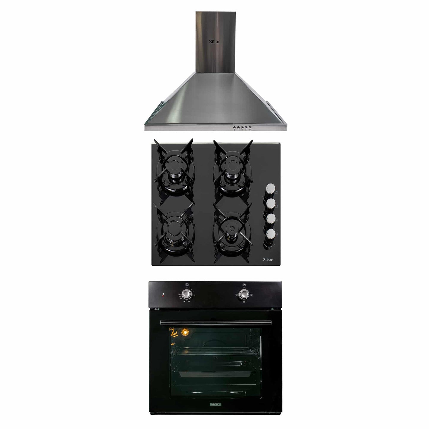 Pachet cuptor incorporabil 1857, capacitate 51L, electric, negru, plita incorporabila sticla, 65x60x15 cm, gaz butelie sau gaz natural, duze de schimb incluse, aprindere electrica 0058, hota incorporabila decorativa inox, 63 cm 1925 / SET 30048