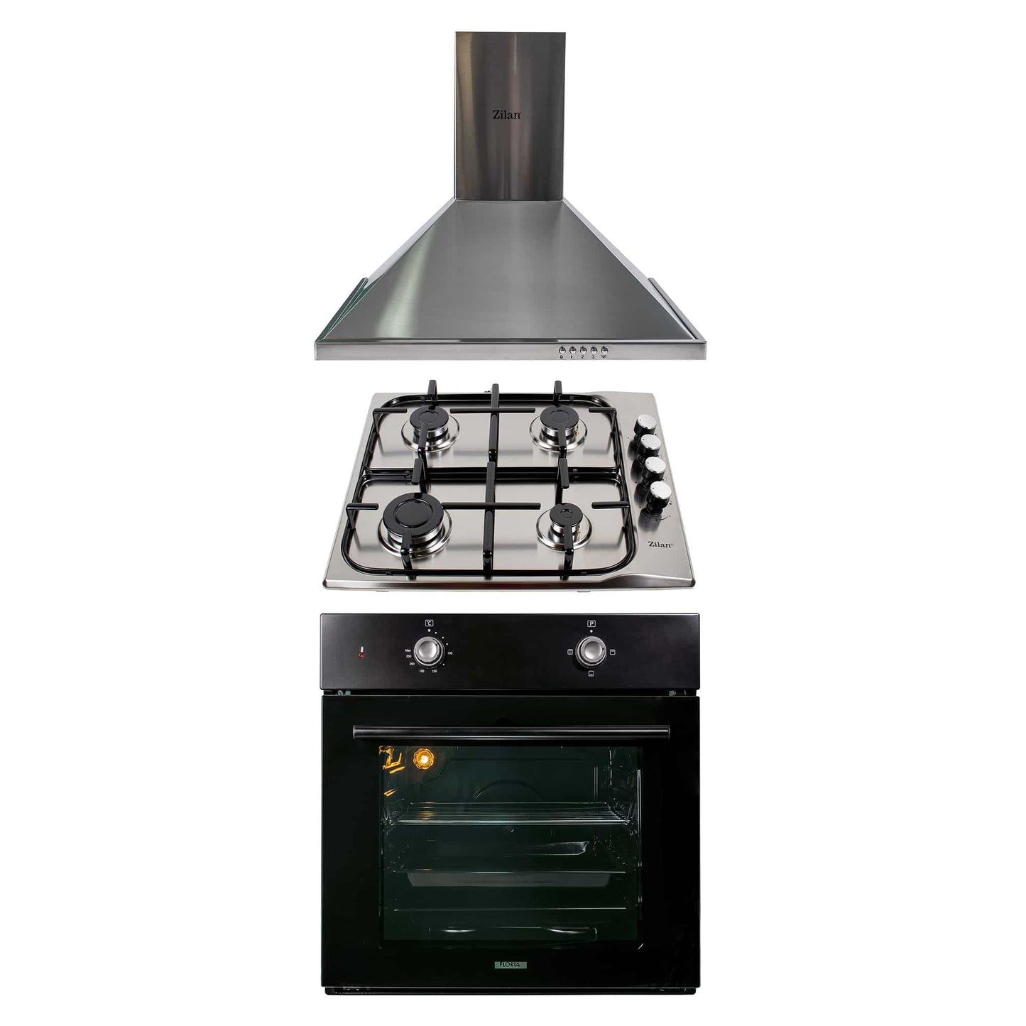 Pachet cuptor incorporabil, 1857, capacitate 51L, electric, negru, plita incorporabila inox 0027, 60x50x15cm gaz butelie sau gaz natural, duze de schimb incluse, aprindere electrica, hota incorporabila decorativa inox, 63 cm, 1925 / SET 30049
