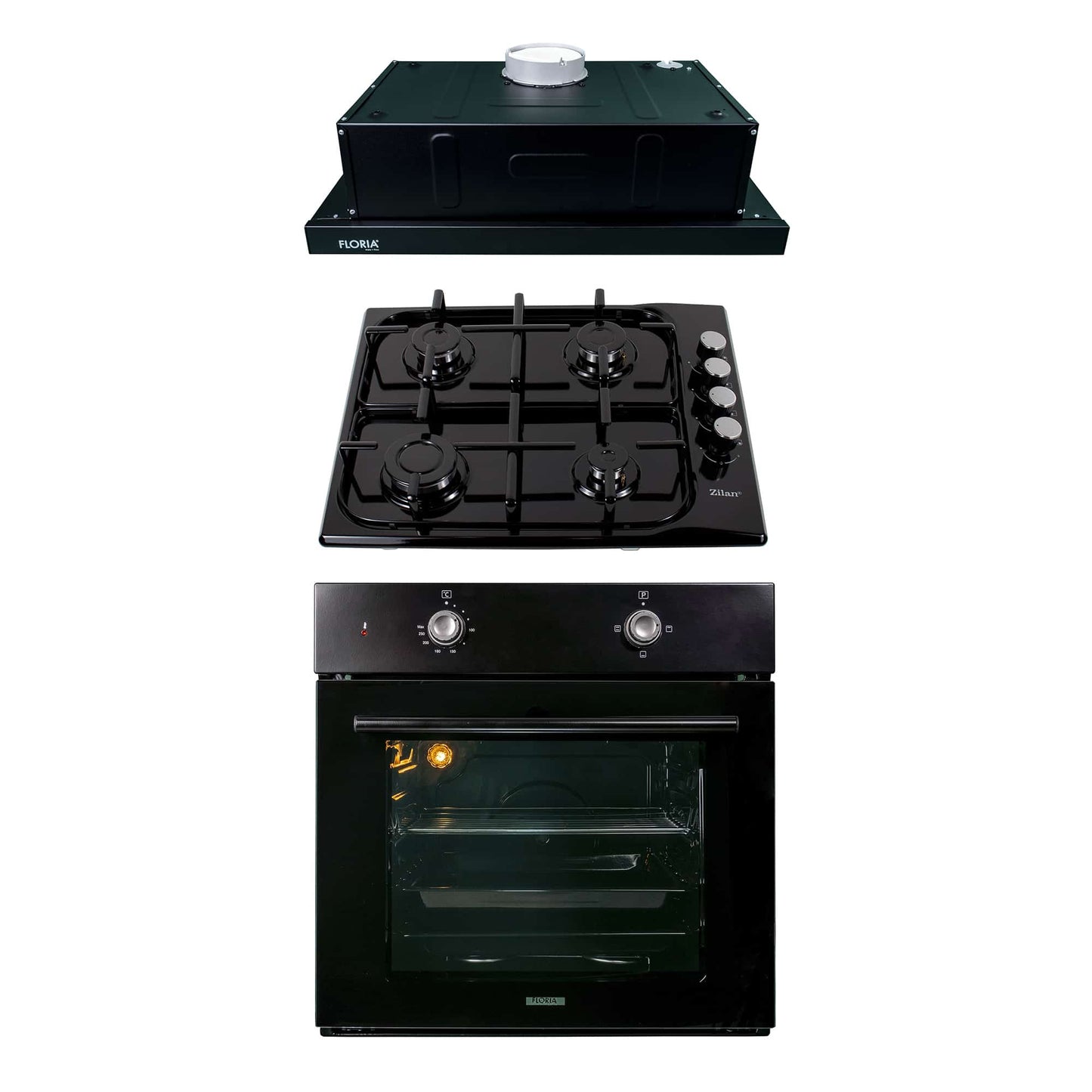 Pachet cuptor incorporabil 1857, capacitate 51L, electric, negru, plita incorporabila email 0034, 60x50x15cm, gaz butelie sau gaz natural duze de schimb incluse, hota 1 motor, putere 140W, 1895, 60X50 cm / SET 30050