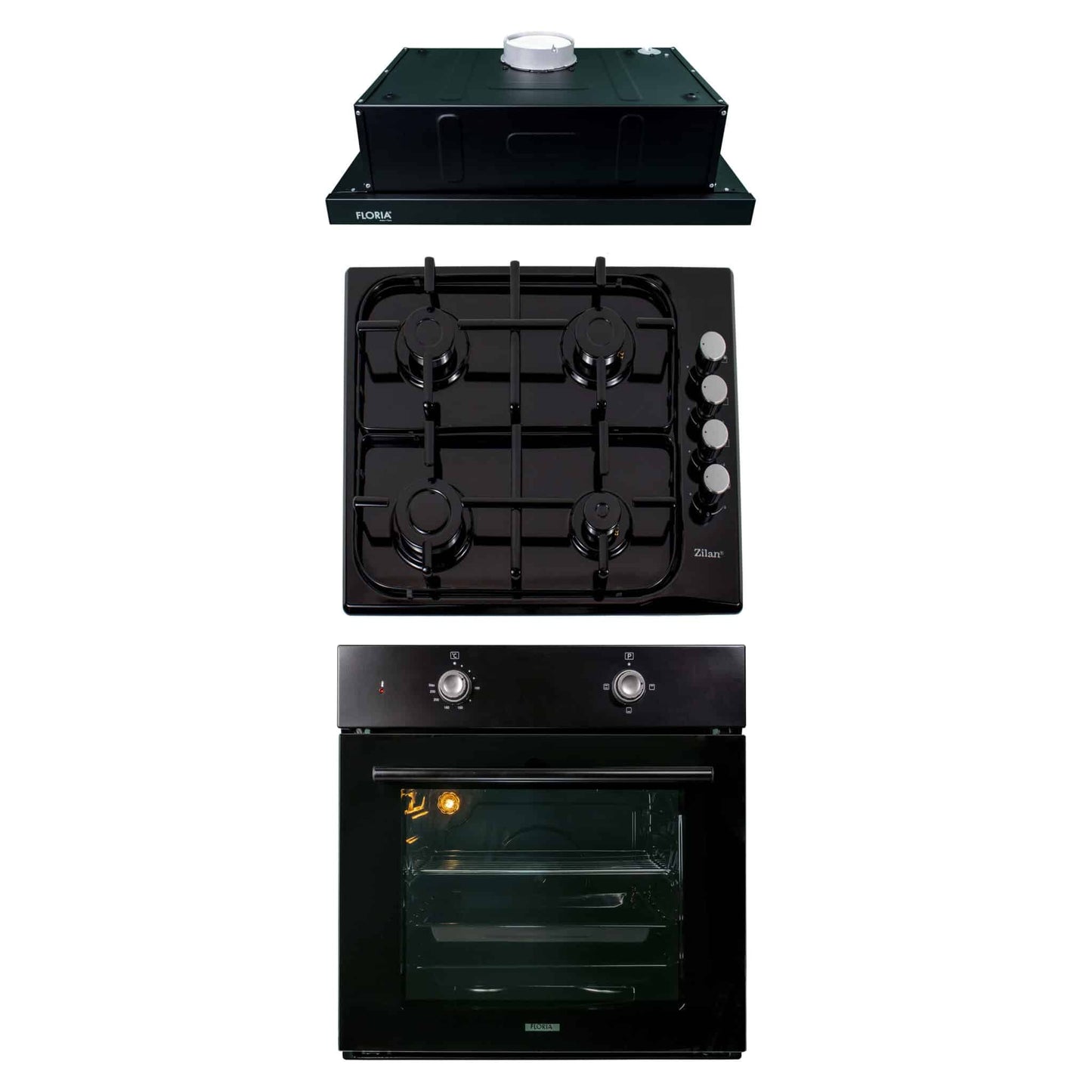 Pachet cuptor incorporabil 1857, capacitate 51L, electric, negru, plita incorporabila email 0041, 60X50X15 cm, gaz butelie sau gaz natural, duze de schimb incluse, hota 1 motor, putere 140W 1895, 60X50 cm / SET 30051