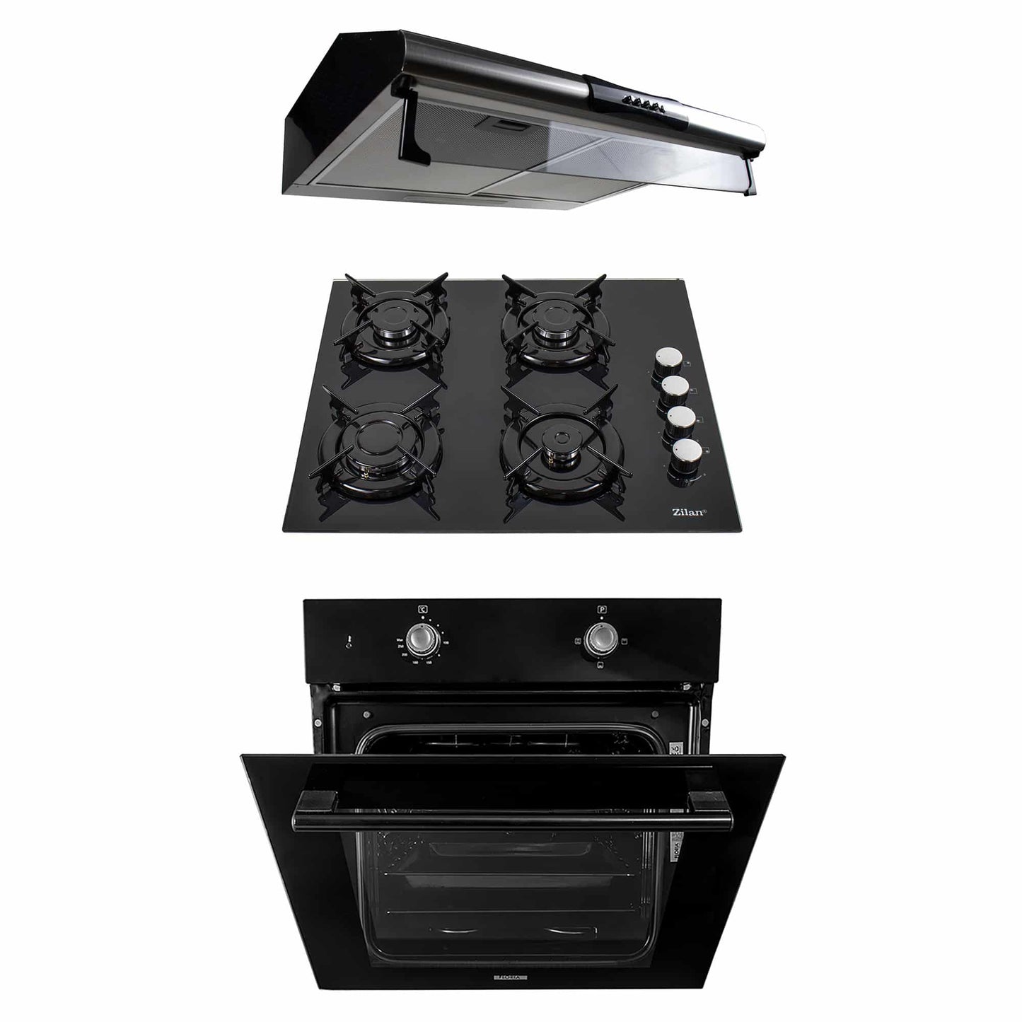 Pachet cuptor electric incorporabil 51L + plita gaz incorporabila cu aprindere + hota inox 2 motoare