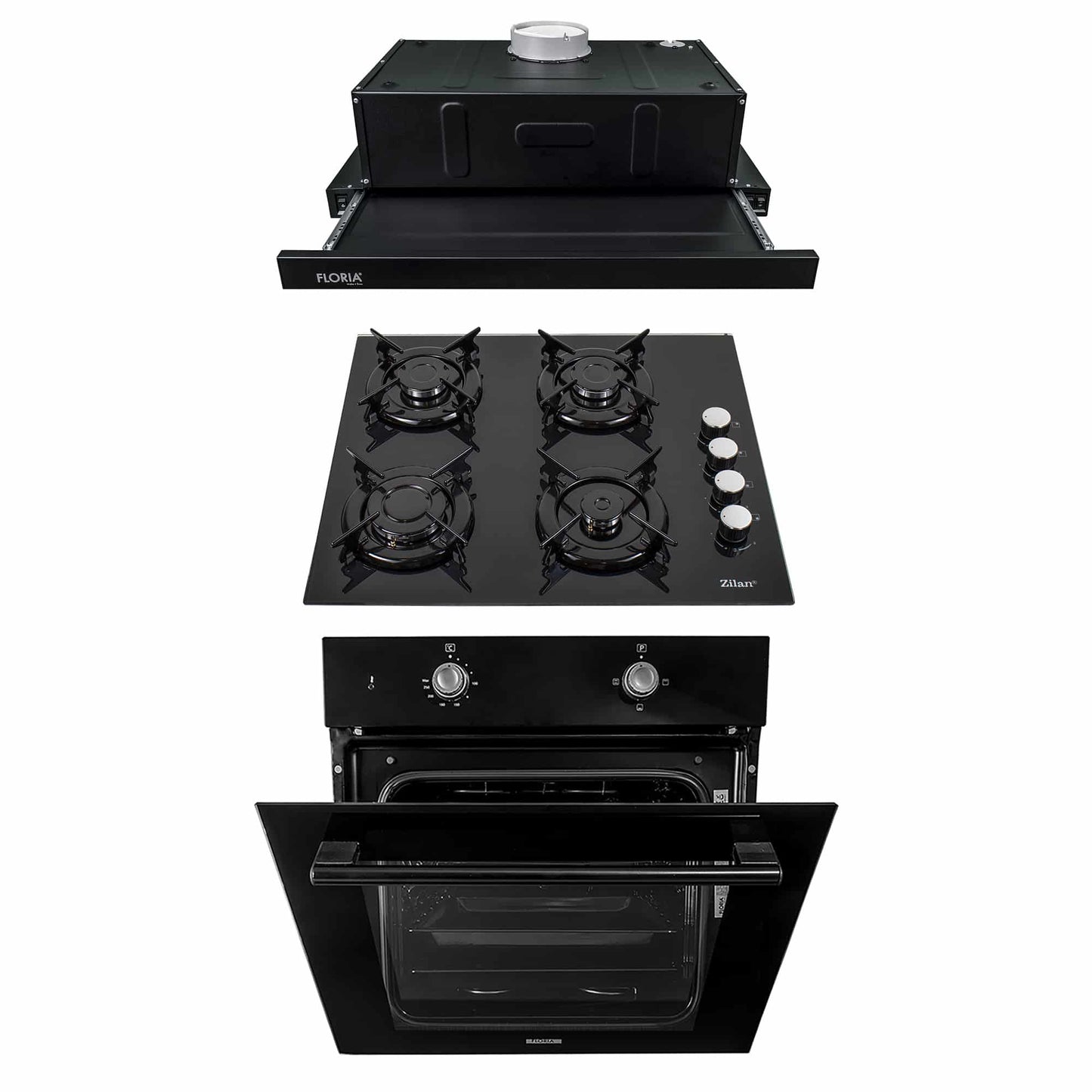 Pachet cuptor electric incorporabil 51L negru + plita gaz incorporabila + hota 1 motor 140W