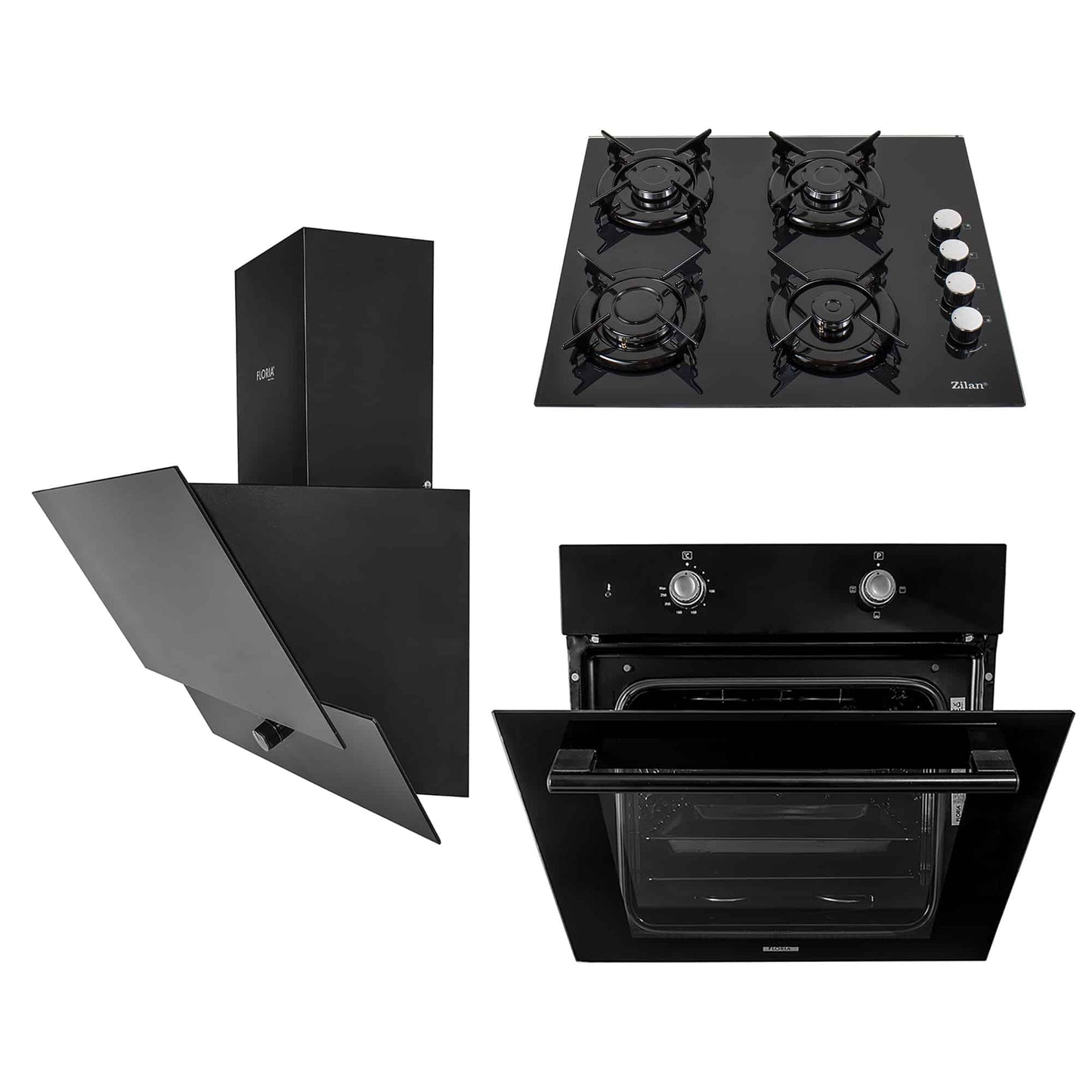 Pachet cuptor electric incorporabil 51L + plita gaz incorporabila + hota decorativa 63 cm