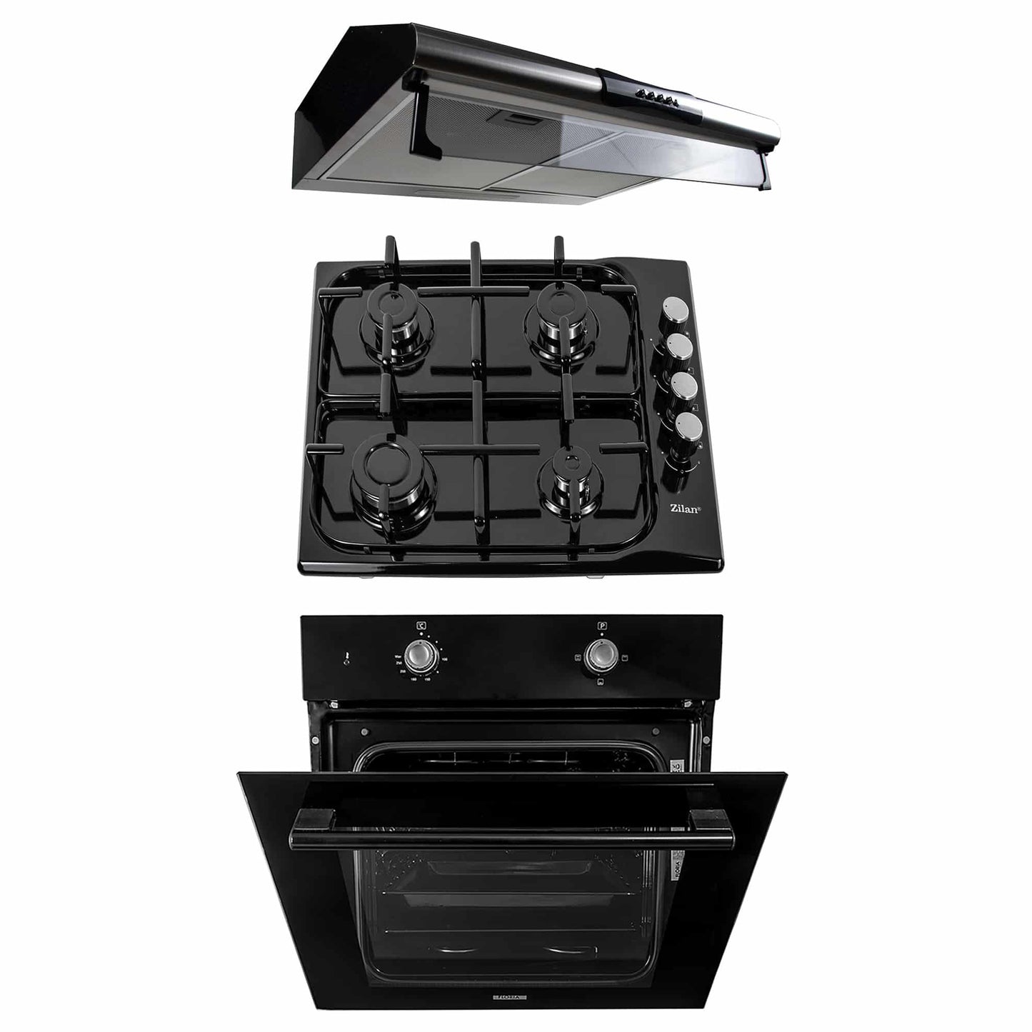 Pachet cuptor electric incorporabil 51L cu plita gaz si hota inox 2 motoare 190W