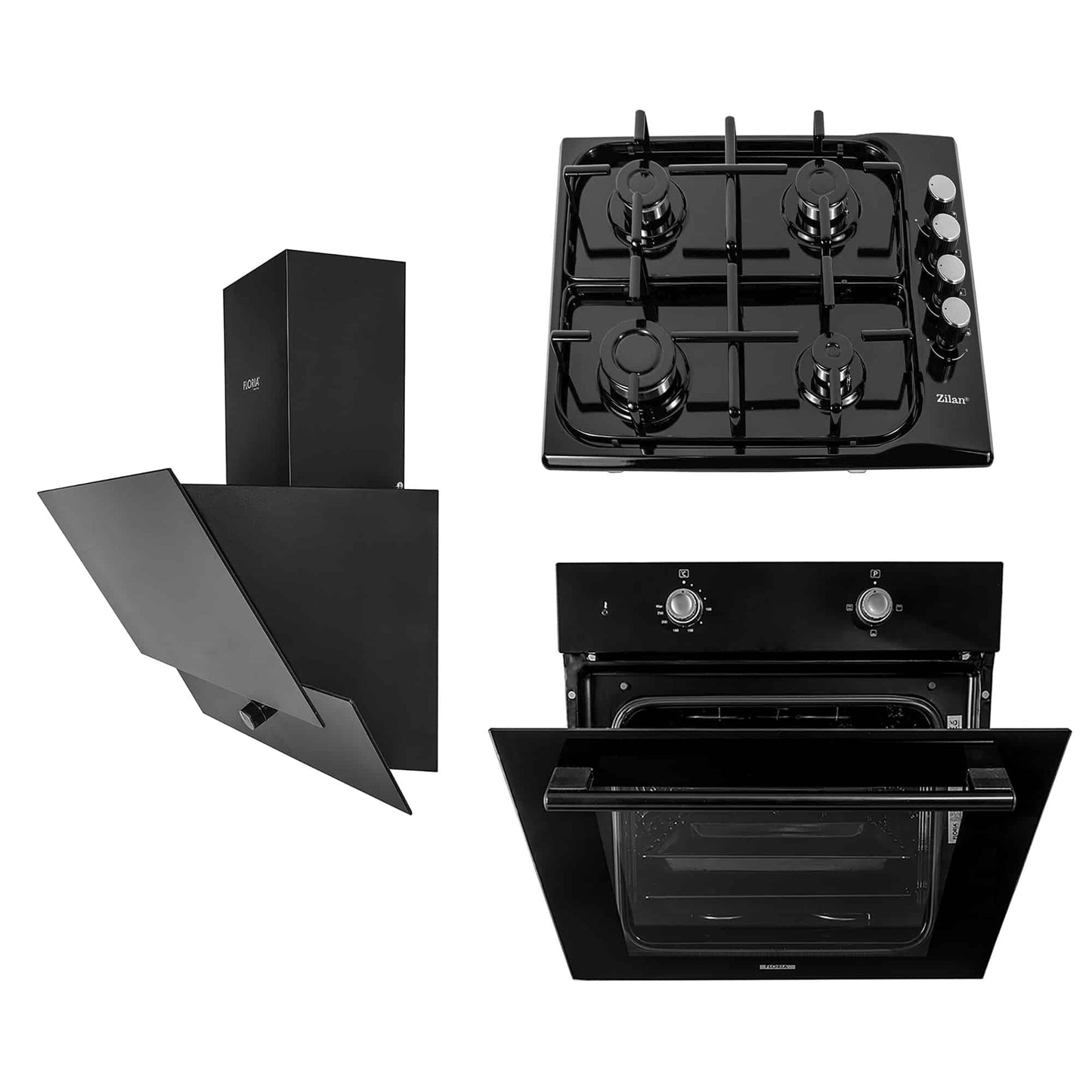 Pachet cuptor electric incorporabil 51L cu plita gaz si hota decorativa 60 cm