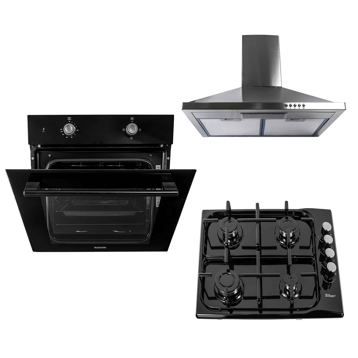 Pachet cuptor electric incorporabil 51L + plita gaz incorporabila + hota inox 63 cm