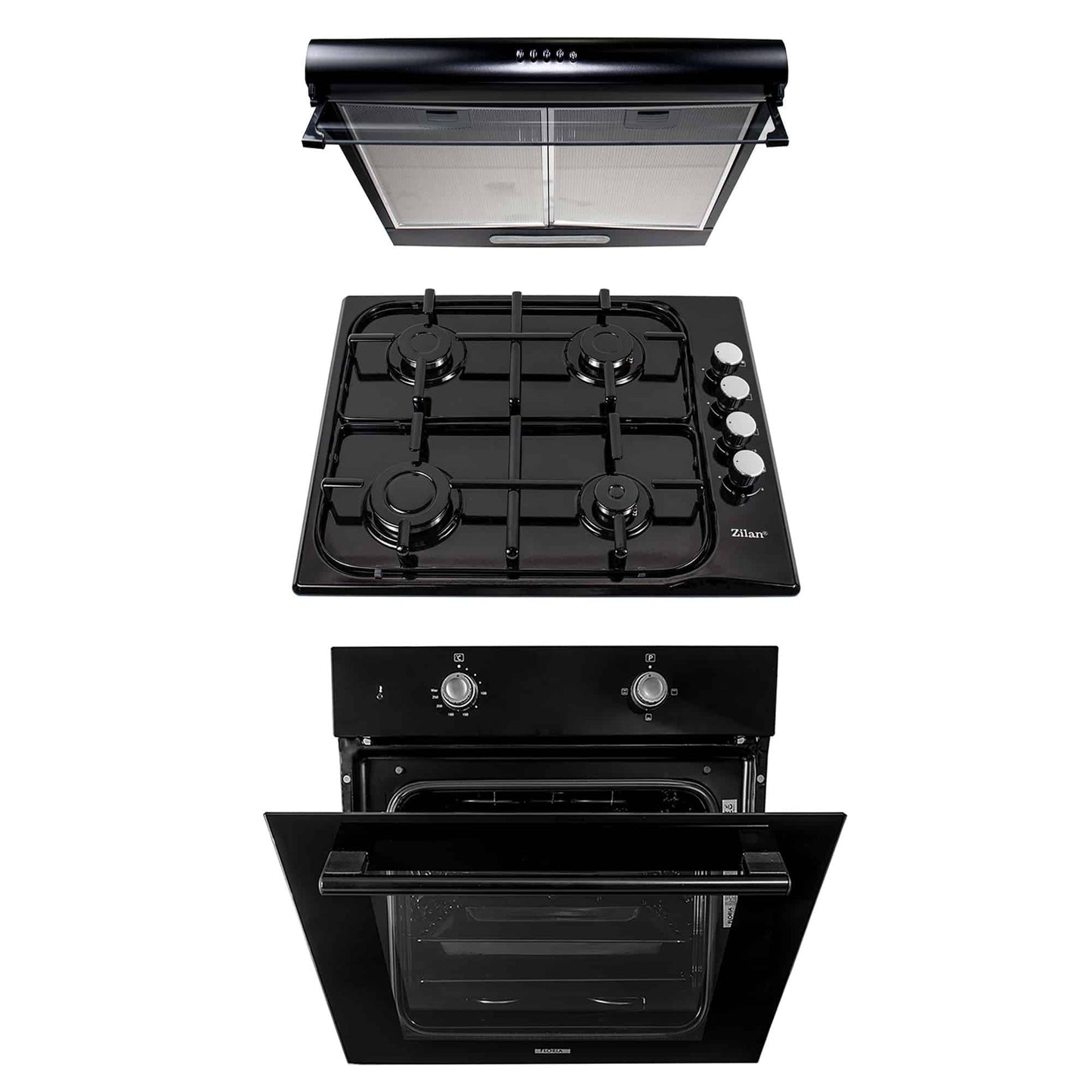 Pachet cuptor electric incorporabil 51L, plita gaz incorporabila, hota 2 motoare 190W