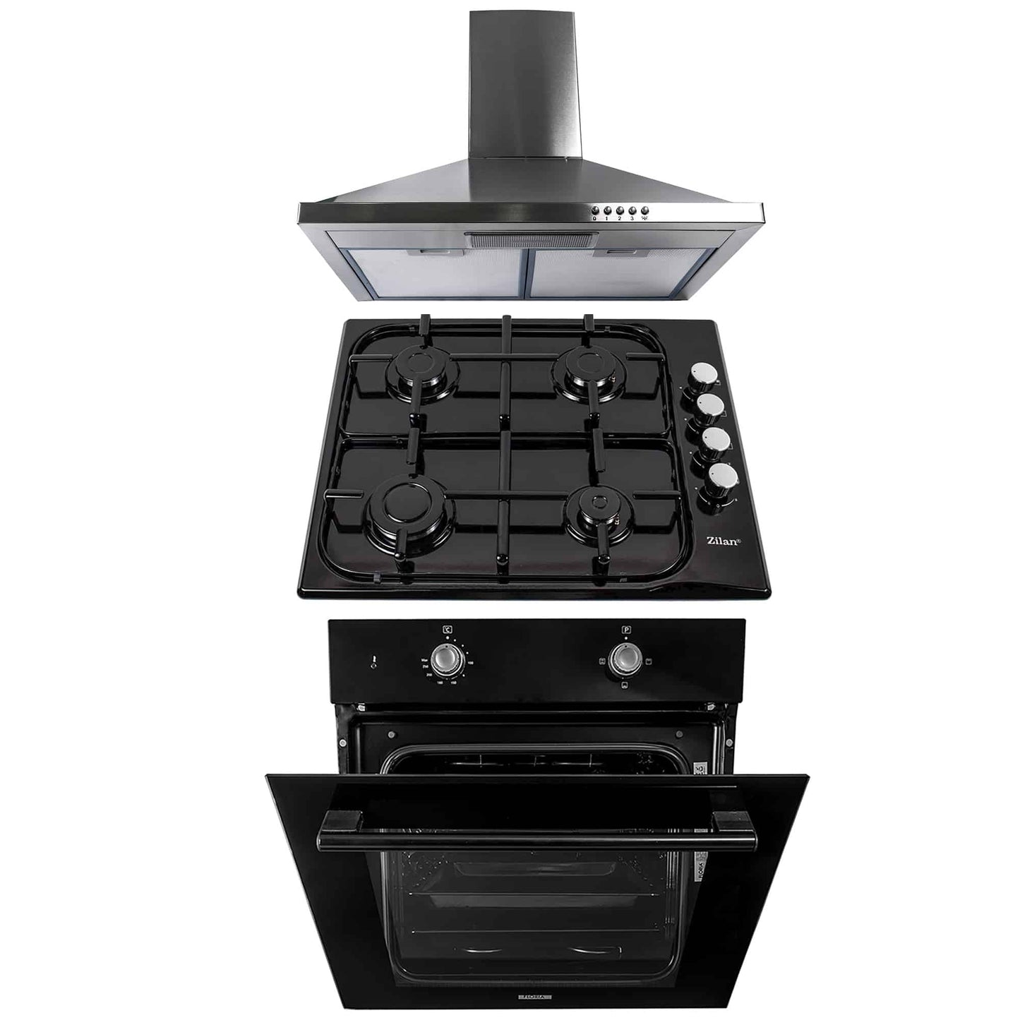 Pachet cuptor electric incorporabil 51L + plita gaz incorporabila + hota inox 63 cm