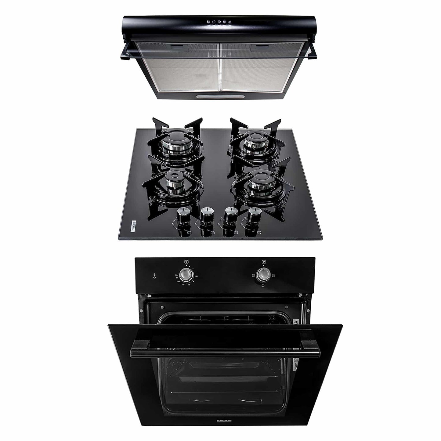 Pachet cuptor electric incorporabil 51L + plita gaz sticla 65x60x15 cm + hota 2 motoare 190W