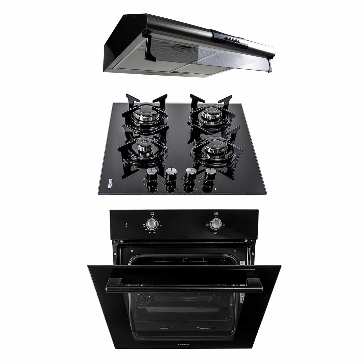 Pachet cuptor electric incorporabil 51L, plita gaz sticla, hota inox 2 motoare 190W