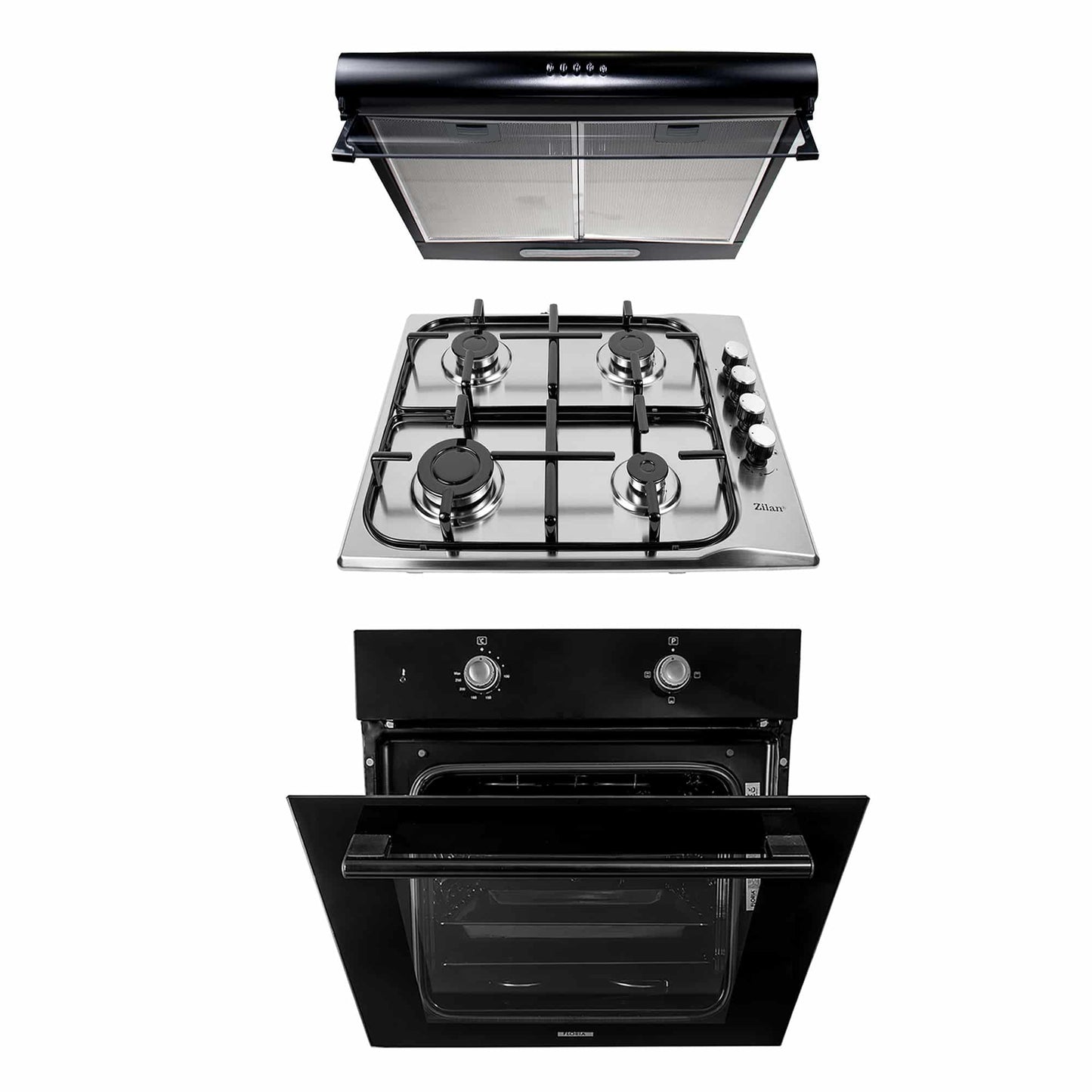 Pachet cuptor electric incorporabil 51L, plita gaz inox 50x60 cm si hota 2 motoare 190W