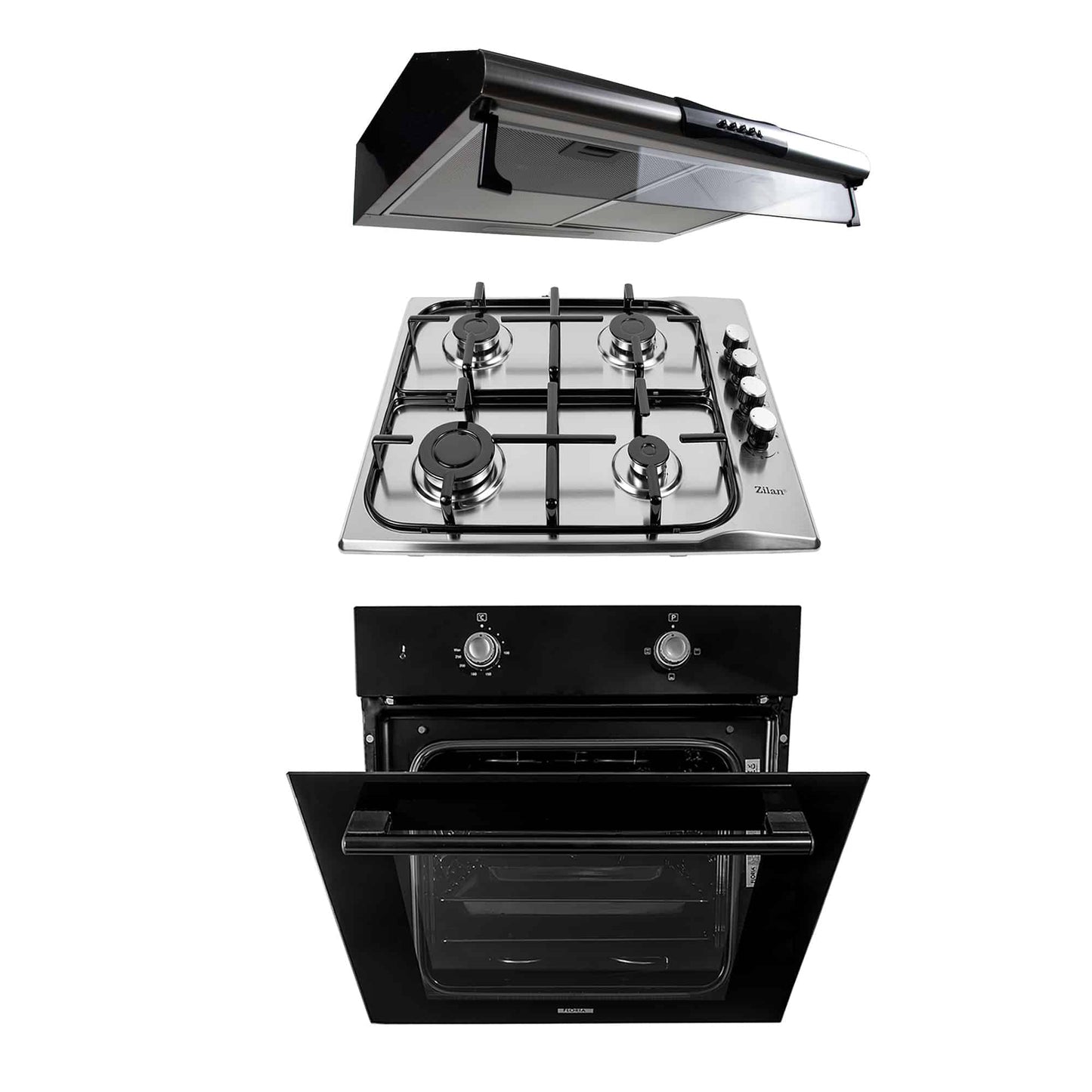 Pachet cuptor electric incorporabil 51L + plita gaz inox 50x60 cm + hota 2 motoare inox