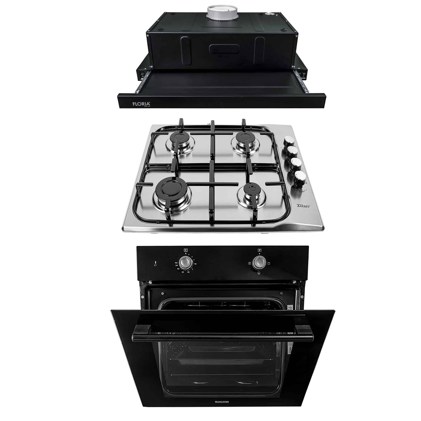 Pachet cuptor electric incorporabil 51L + plita gaz inox 50x60 cm + hota 60x50 cm
