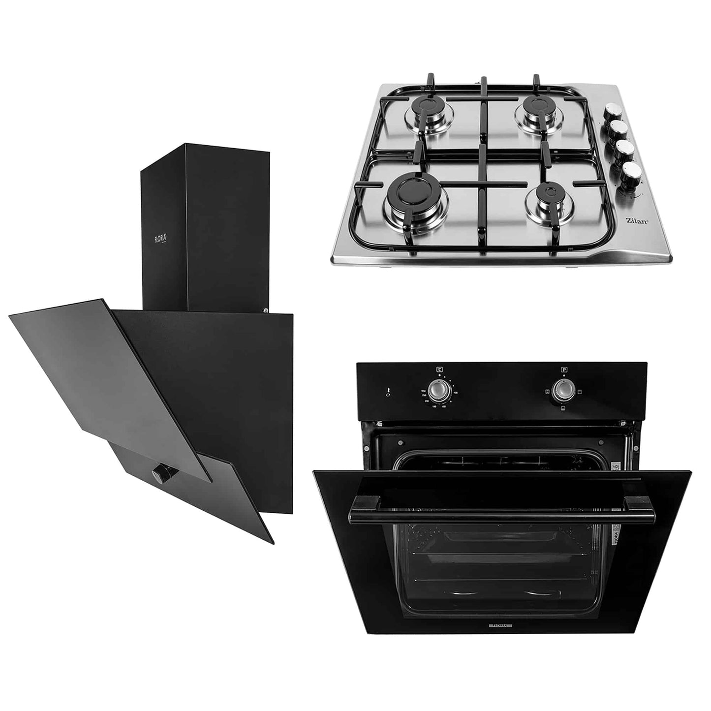 Pachet cuptor electric incorporabil 51L, plita gaz inox 50x60 cm si hota decorativa 60 cm