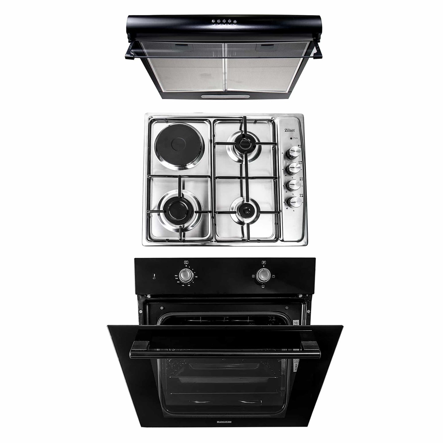 Pachet cuptor electric incorporabil 51L + plita gaz incorporabila + hota 2 motoare 190W, negru